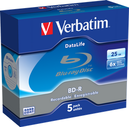 VERBATIM BD-R, DATALIFE, 25GB, JEWEL BOX, 43836, 6X, 5-PACK