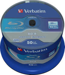 VERBATIM BD-R, SINGLE LAYER 25GB, BLUE SURFACE, SINGLE LAYER, SPINDLE, 43838, 6X, 50-CAKE, NO ID