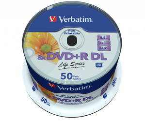 VERBATIM DVD+R DL, DOUBLE LAYER INKJET PRINTABLE, 97693, 8.5GB, 8X, SPINDLE, 50-PACK, 12CM, DO ARCHIWIZACJI DANYCH