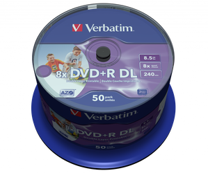 VERBATIM DVD+R DL, DOUBLE LAYER WIDE INKJET PRINTABLE, 43703, 8.5GB, 8X, SPINDLE, 50-PACK, 12CM, DO ARCHIWIZACJI DANYCH