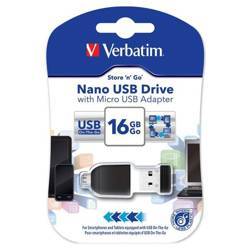 VERBATIM USB FLASH DISK, USB 2.0, 16GB, NANO, STORE N GO, CZARNY, 49821, USB A, Z ADAPTEREM MIKRO USB