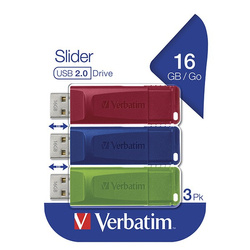 VERBATIM USB FLASH DISK, USB 2.0, 16GB, SLIDER, ZIELONY, NIEBIESKI, CZERWONY, 49326, USB A, Z WYSUWANYM ZŁĄCZEM. 3 SZT